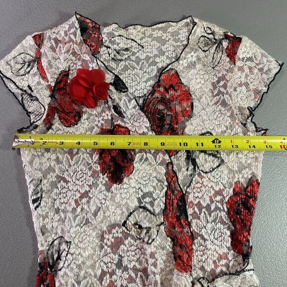Floral Lace Wrap Blouse Sheer Stretch Side Tie V-Neck Womens S Off White Red - Picture 7 of 8